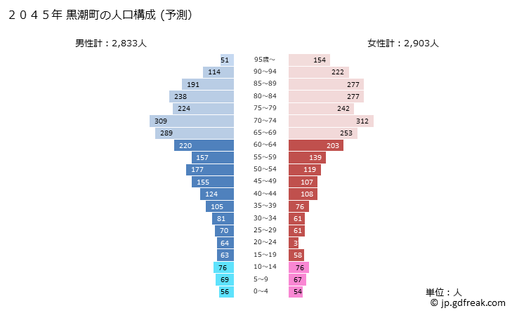 グラフ 黒潮町(ｸﾛｼｵﾁｮｳ 高知県)の人口と世帯 2045年の人口ピラミッド（予測）