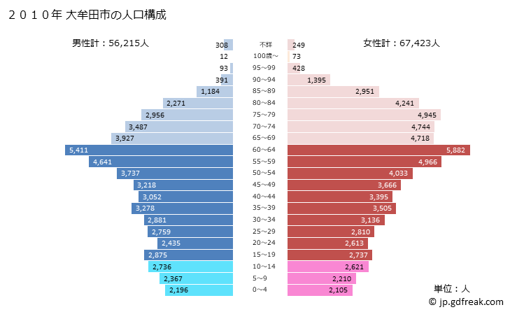グラフ 大牟田市(ｵｵﾑﾀｼ 福岡県)の人口と世帯 2010年の人口ピラミッド