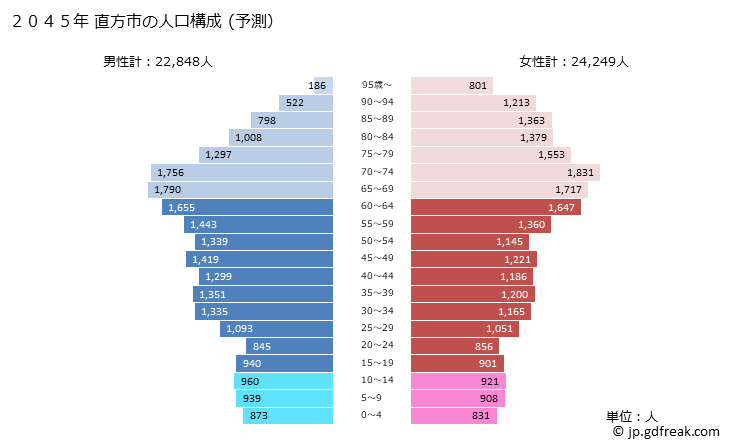 グラフ 直方市(ﾉｵｶﾞﾀｼ 福岡県)の人口と世帯 2045年の人口ピラミッド（予測）