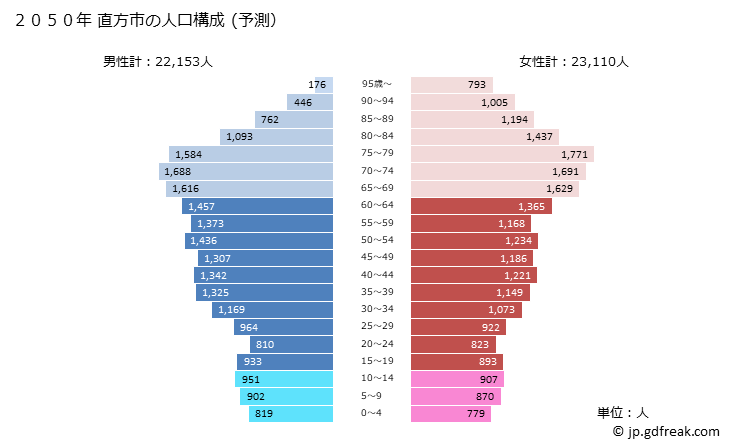 グラフ 直方市(ﾉｵｶﾞﾀｼ 福岡県)の人口と世帯 2050年の人口ピラミッド（予測）