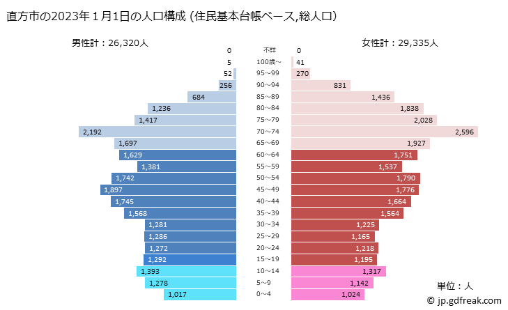 グラフ 直方市(ﾉｵｶﾞﾀｼ 福岡県)の人口と世帯 2023年の人口ピラミッド（住民基本台帳ベース）