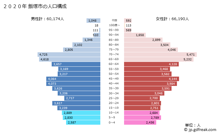 グラフ 飯塚市(ｲｲﾂﾞｶｼ 福岡県)の人口と世帯 2020年の人口ピラミッド