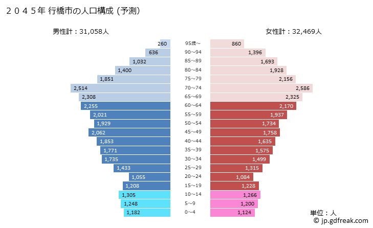 グラフ 行橋市(ﾕｸﾊｼｼ 福岡県)の人口と世帯 2045年の人口ピラミッド（予測）