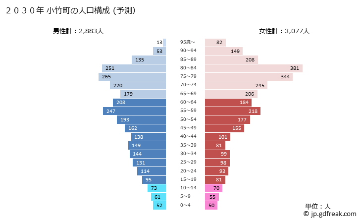グラフ 小竹町(ｺﾀｹﾏﾁ 福岡県)の人口と世帯 2030年の人口ピラミッド（予測）