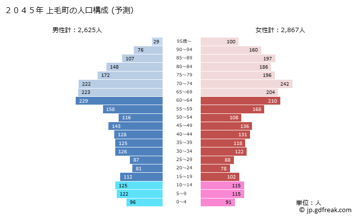 グラフ 上毛町(ｺｳｹﾞﾏﾁ 福岡県)の人口と世帯 2045年の人口ピラミッド（予測）