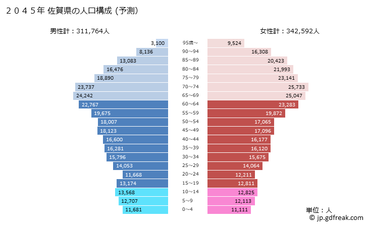 グラフ 佐賀県の人口と世帯 2045年の人口ピラミッド（予測）
