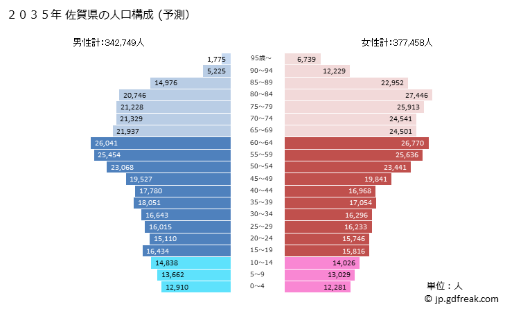 グラフ 佐賀県の人口と世帯 2035年の人口ピラミッド（予測）