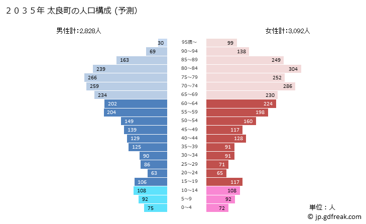 グラフ 太良町(ﾀﾗﾁｮｳ 佐賀県)の人口と世帯 2035年の人口ピラミッド（予測）