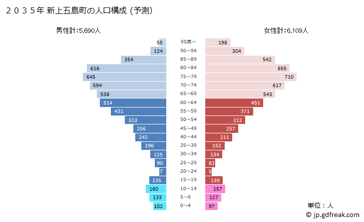 グラフ 新上五島町(ｼﾝｶﾐｺﾞﾄｳﾁｮｳ 長崎県)の人口と世帯 2035年の人口ピラミッド（予測）