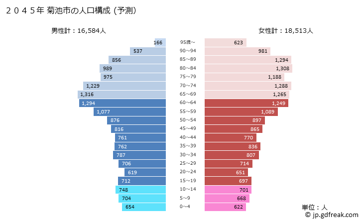 グラフ 菊池市(ｷｸﾁｼ 熊本県)の人口と世帯 2045年の人口ピラミッド（予測）
