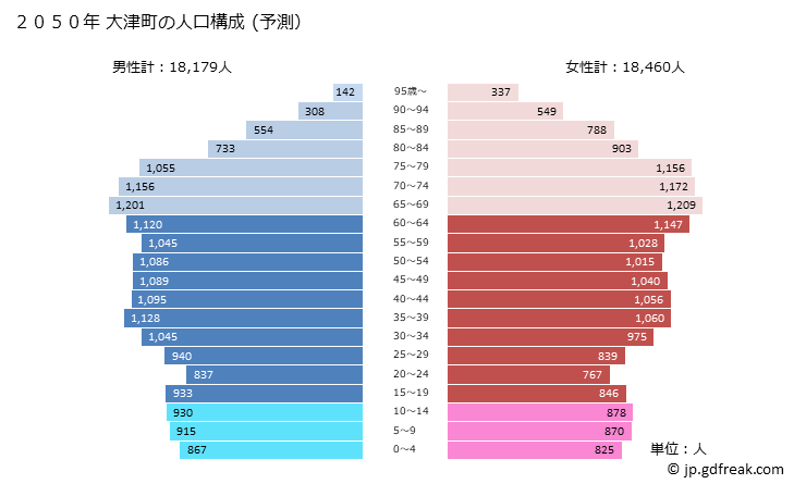 グラフ 大津町(ｵｵﾂﾞﾏﾁ 熊本県)の人口と世帯 2050年の人口ピラミッド（予測）