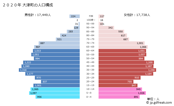 グラフ 大津町(ｵｵﾂﾞﾏﾁ 熊本県)の人口と世帯 2020年の人口ピラミッド