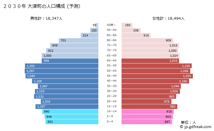 グラフ 大津町(ｵｵﾂﾞﾏﾁ 熊本県)の人口と世帯 2030年の人口ピラミッド（予測）