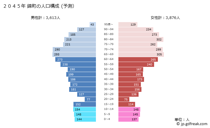 グラフ 錦町(ﾆｼｷﾏﾁ 熊本県)の人口と世帯 2045年の人口ピラミッド（予測）