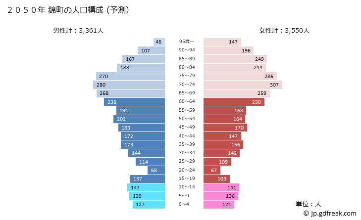 グラフ 錦町(ﾆｼｷﾏﾁ 熊本県)の人口と世帯 2050年の人口ピラミッド（予測）