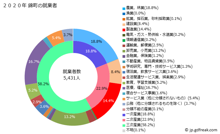 グラフ 錦町(ﾆｼｷﾏﾁ 熊本県)の人口と世帯 就業者数とその産業構成
