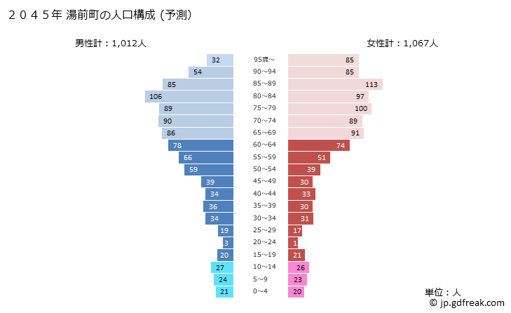 グラフ 湯前町(ﾕﾉﾏｴﾏﾁ 熊本県)の人口と世帯 2045年の人口ピラミッド（予測）