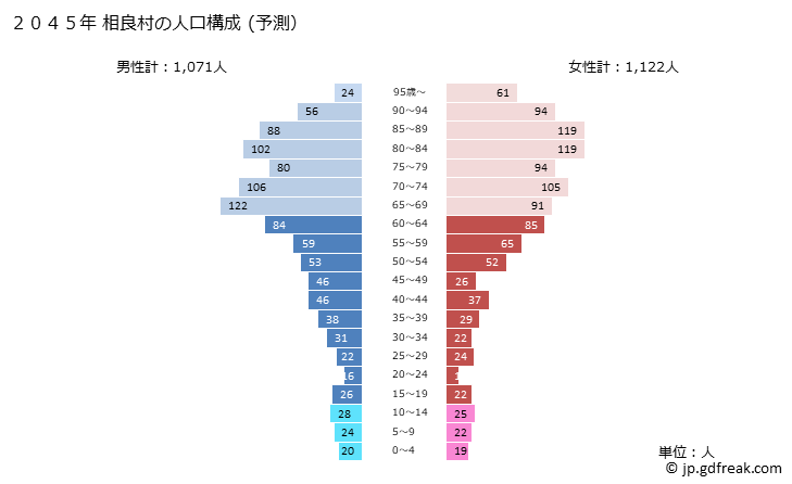 グラフ 相良村(ｻｶﾞﾗﾑﾗ 熊本県)の人口と世帯 2045年の人口ピラミッド（予測）