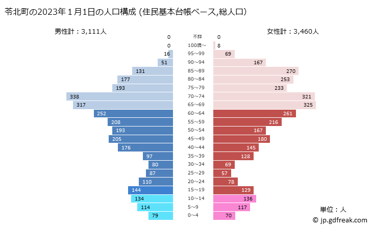 グラフ 苓北町(ﾚｲﾎｸﾏﾁ 熊本県)の人口と世帯 2023年の人口ピラミッド（住民基本台帳ベース）