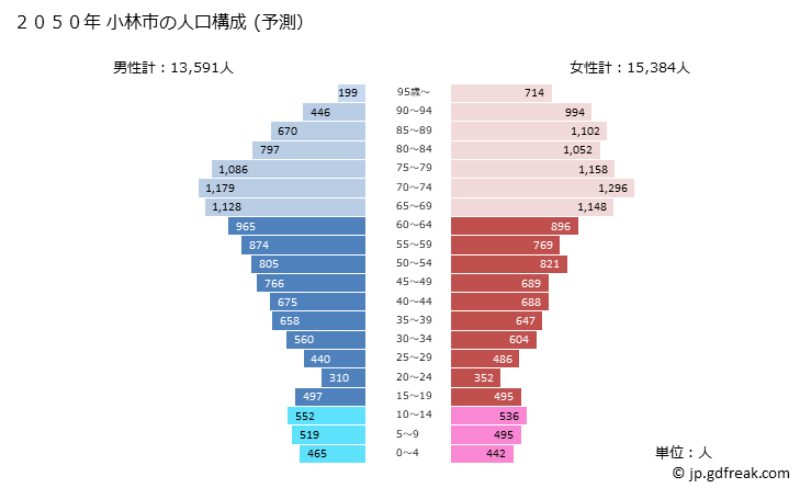 グラフ 小林市(ｺﾊﾞﾔｼｼ 宮崎県)の人口と世帯 2050年の人口ピラミッド（予測）