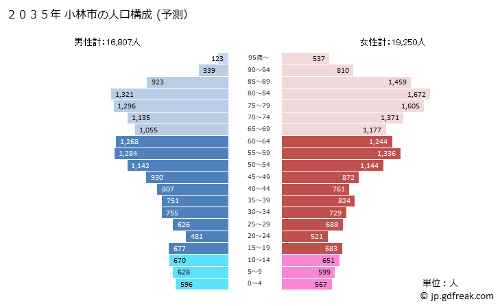 グラフ 小林市(ｺﾊﾞﾔｼｼ 宮崎県)の人口と世帯 2035年の人口ピラミッド（予測）