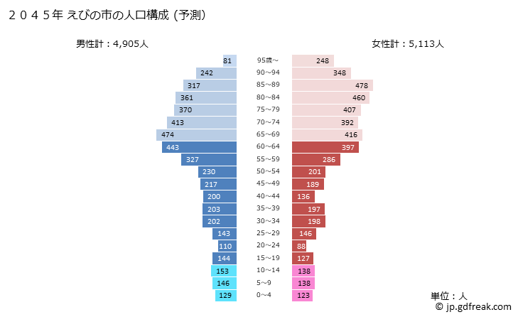 グラフ えびの市(ｴﾋﾞﾉｼ 宮崎県)の人口と世帯 2045年の人口ピラミッド（予測）