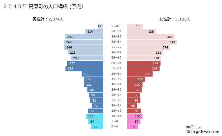 グラフ 高原町(ﾀｶﾊﾙﾁｮｳ 宮崎県)の人口と世帯 2040年の人口ピラミッド（予測）