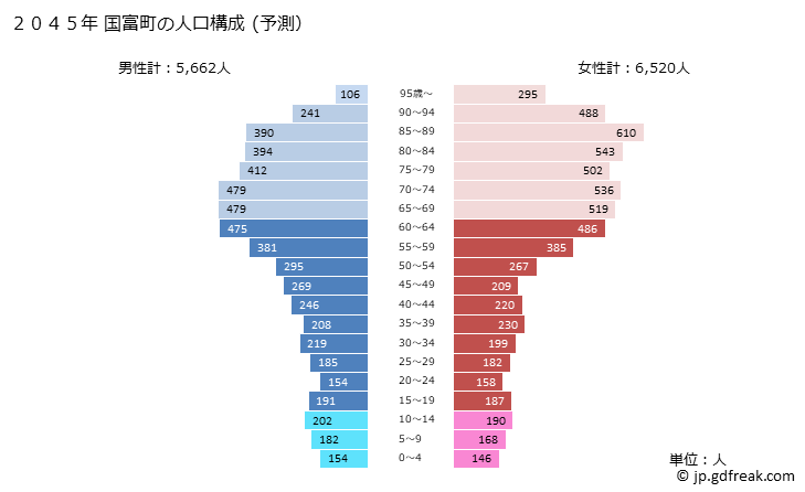 グラフ 国富町(ｸﾆﾄﾐﾁｮｳ 宮崎県)の人口と世帯 2045年の人口ピラミッド（予測）
