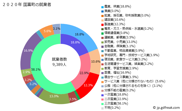グラフ 国富町(ｸﾆﾄﾐﾁｮｳ 宮崎県)の人口と世帯 就業者数とその産業構成
