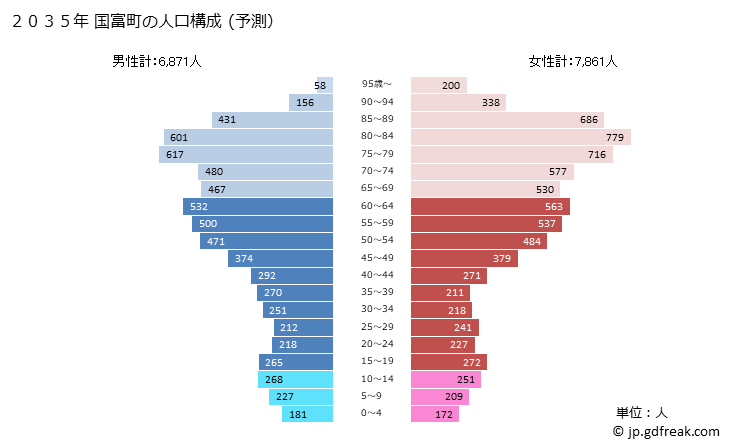 グラフ 国富町(ｸﾆﾄﾐﾁｮｳ 宮崎県)の人口と世帯 2035年の人口ピラミッド（予測）