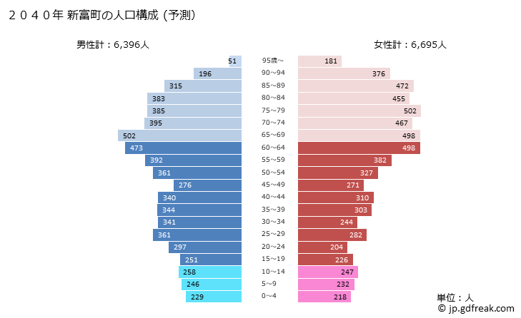 グラフ 新富町(ｼﾝﾄﾐﾁｮｳ 宮崎県)の人口と世帯 2040年の人口ピラミッド（予測）