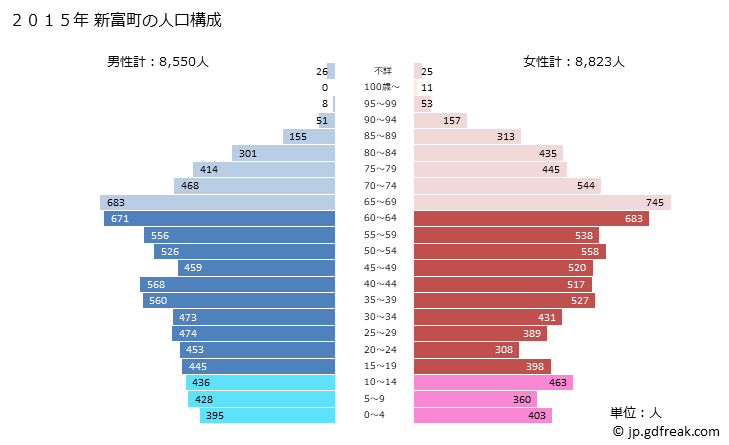 グラフ 新富町(ｼﾝﾄﾐﾁｮｳ 宮崎県)の人口と世帯 2015年の人口ピラミッド