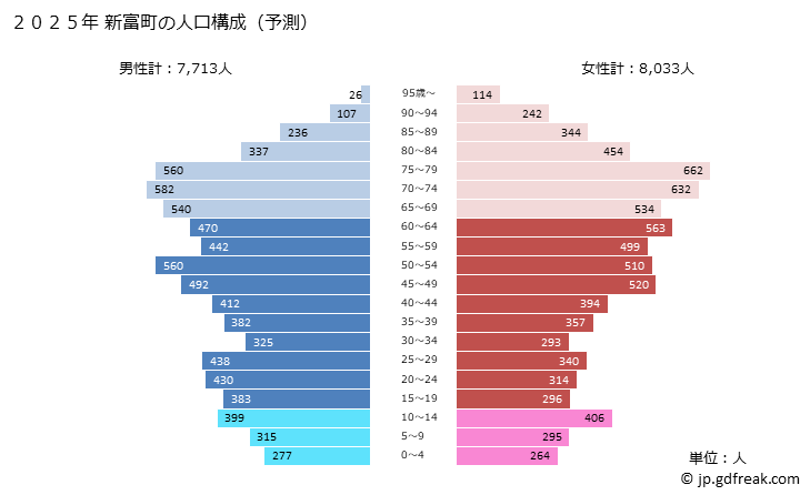 グラフ 新富町(ｼﾝﾄﾐﾁｮｳ 宮崎県)の人口と世帯 2025年の人口ピラミッド