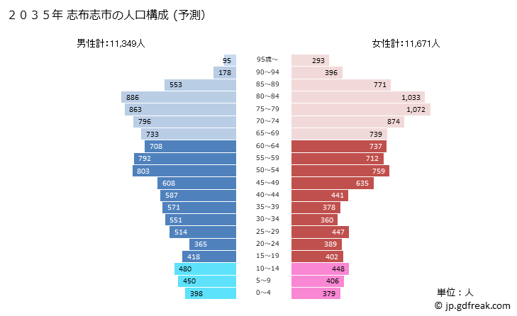 グラフ 志布志市(ｼﾌﾞｼｼ 鹿児島県)の人口と世帯 2035年の人口ピラミッド（予測）