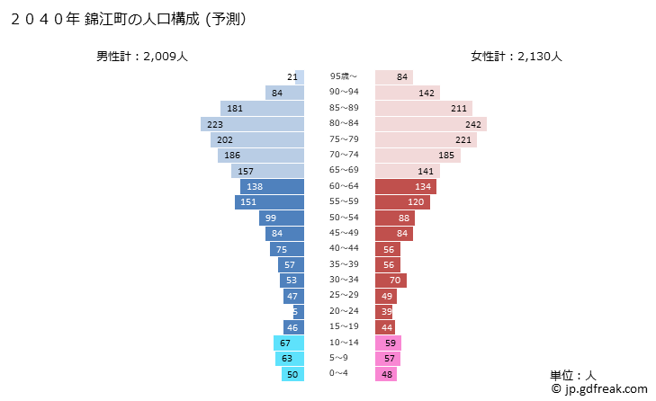 グラフ 錦江町(ｷﾝｺｳﾁｮｳ 鹿児島県)の人口と世帯 2040年の人口ピラミッド（予測）