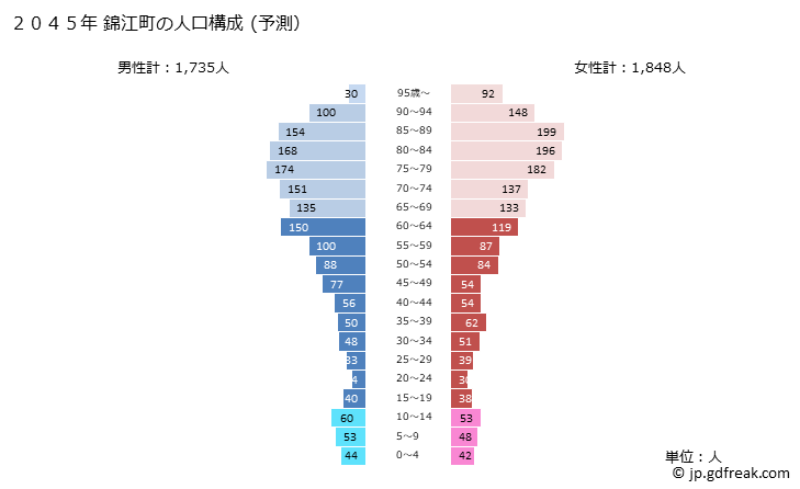 グラフ 錦江町(ｷﾝｺｳﾁｮｳ 鹿児島県)の人口と世帯 2045年の人口ピラミッド（予測）