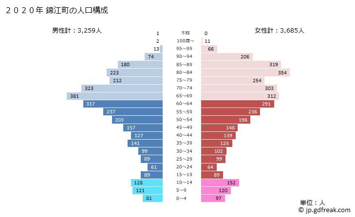グラフ 錦江町(ｷﾝｺｳﾁｮｳ 鹿児島県)の人口と世帯 2020年の人口ピラミッド