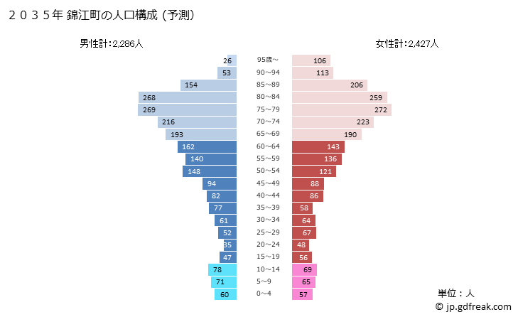 グラフ 錦江町(ｷﾝｺｳﾁｮｳ 鹿児島県)の人口と世帯 2035年の人口ピラミッド（予測）