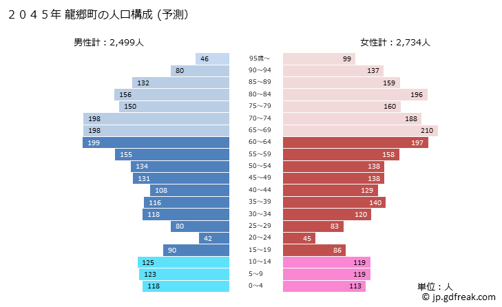 グラフ 龍郷町(ﾀﾂｺﾞｳﾁｮｳ 鹿児島県)の人口と世帯 2045年の人口ピラミッド（予測）