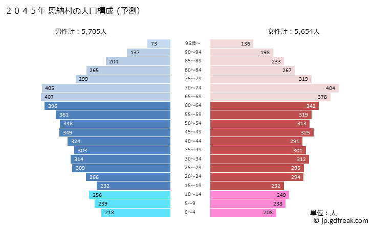 グラフ 恩納村(ｵﾝﾅｿﾝ 沖縄県)の人口と世帯 2045年の人口ピラミッド（予測）