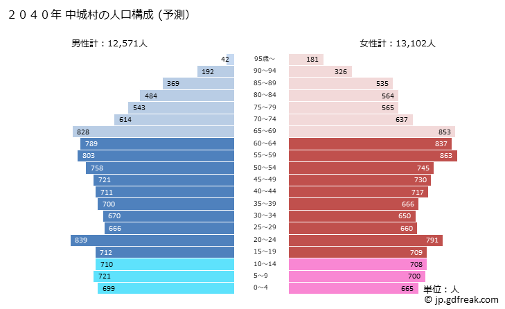 グラフ 中城村(ﾅｶｸﾞｽｸｿﾝ 沖縄県)の人口と世帯 2040年の人口ピラミッド（予測）