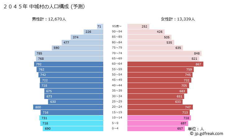 グラフ 中城村(ﾅｶｸﾞｽｸｿﾝ 沖縄県)の人口と世帯 2045年の人口ピラミッド（予測）