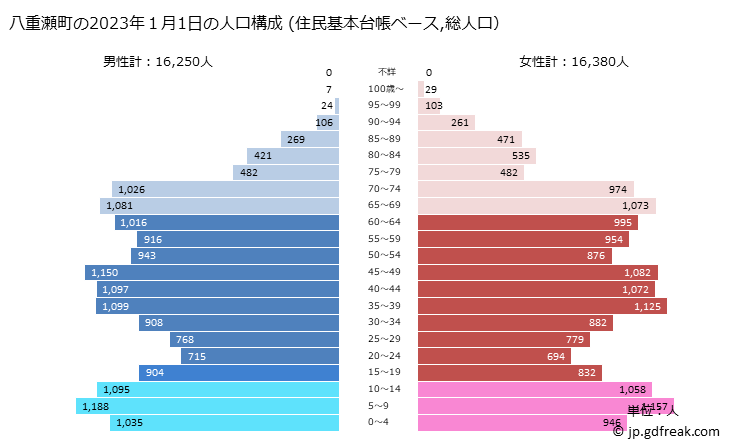 グラフ 八重瀬町(ﾔｴｾﾁｮｳ 沖縄県)の人口と世帯 2023年の人口ピラミッド（住民基本台帳ベース）