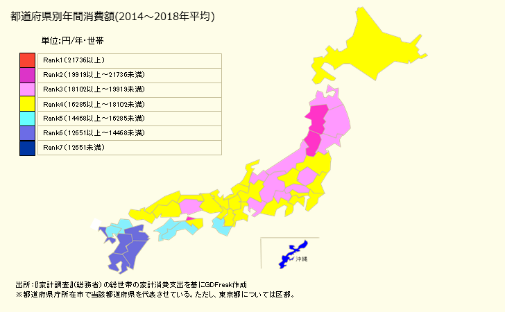 グラフ 麺類の家計消費支出 都道府県別年間家計消費支出
