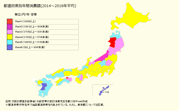 グラフ 乾うどん・そばの家計消費支出 都道府県別年間家計消費支出