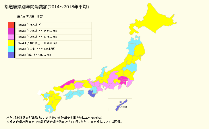 グラフ スパゲッティの家計消費支出 都道府県別年間家計消費支出