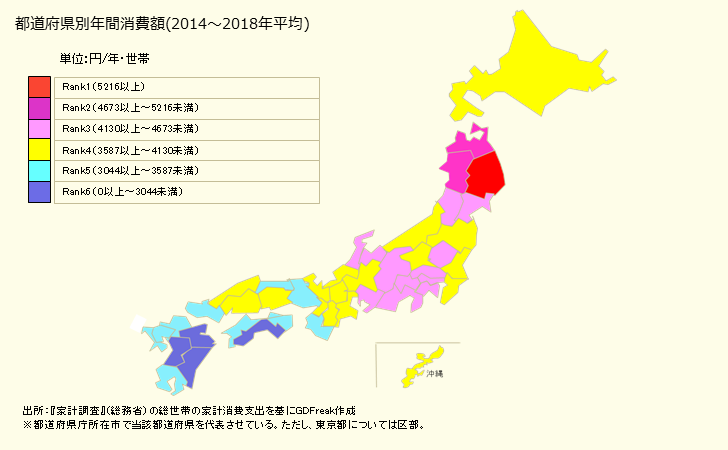 グラフ 中華麺の家計消費支出 都道府県別年間家計消費支出