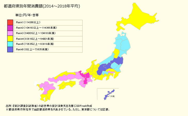 グラフ 肉類の家計消費支出 都道府県別年間家計消費支出