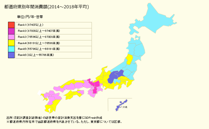 グラフ 生鮮肉の家計消費支出 都道府県別年間家計消費支出