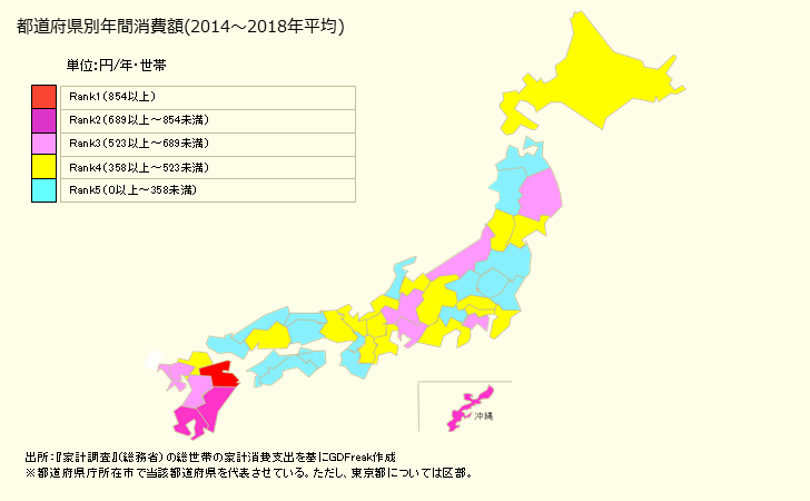 グラフ 干ししいたけの家計消費支出 都道府県別年間家計消費支出